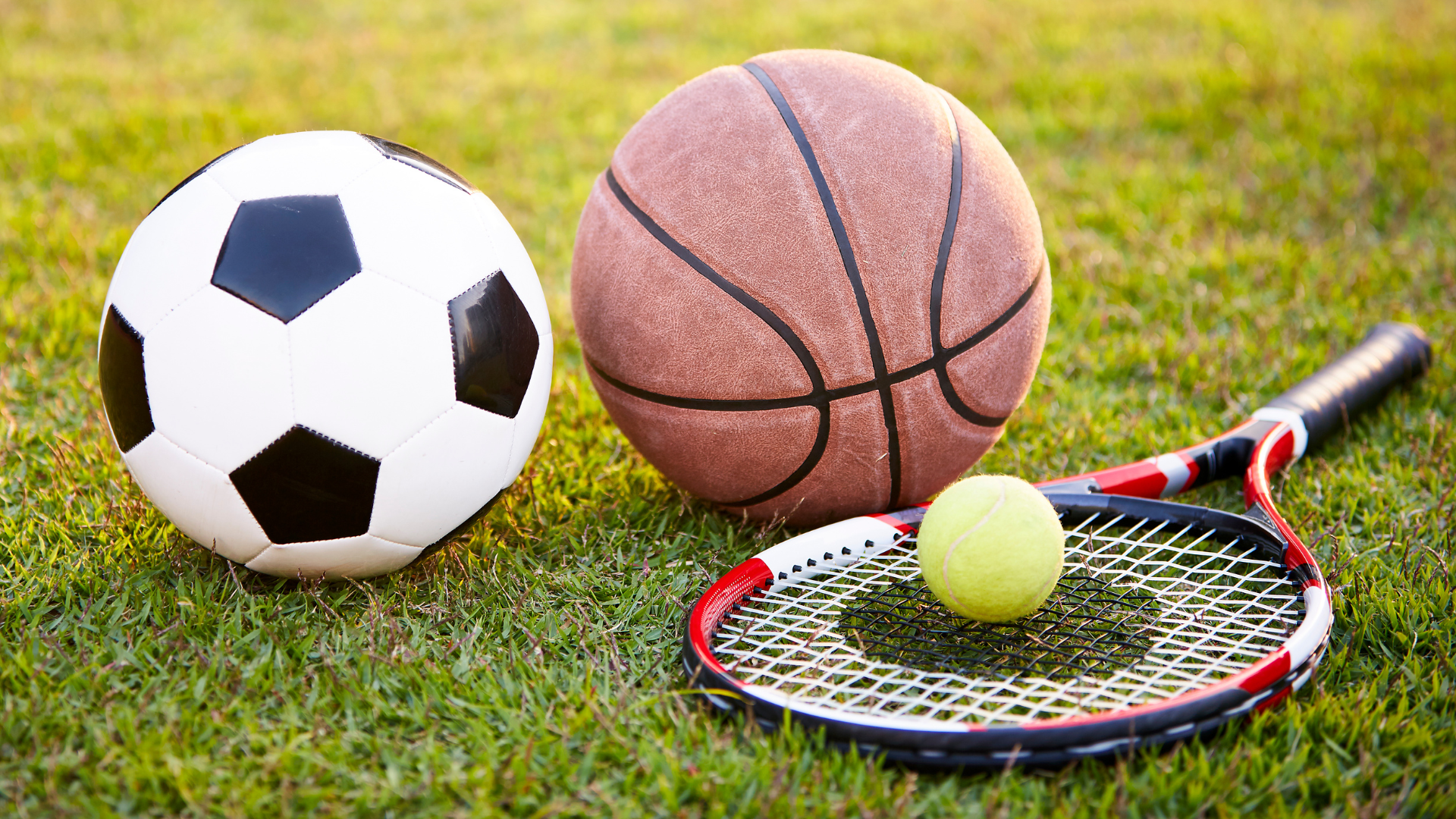 A soccer ball, basketball, tennis ball and racket on the grass.
